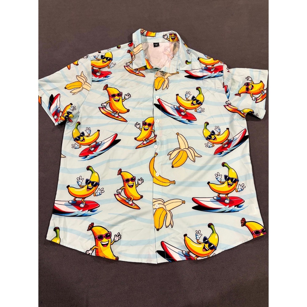 Shein Manfinity Shirt Mens 2XL Blue Surfing Skateboard Sunglasses Banana Allover